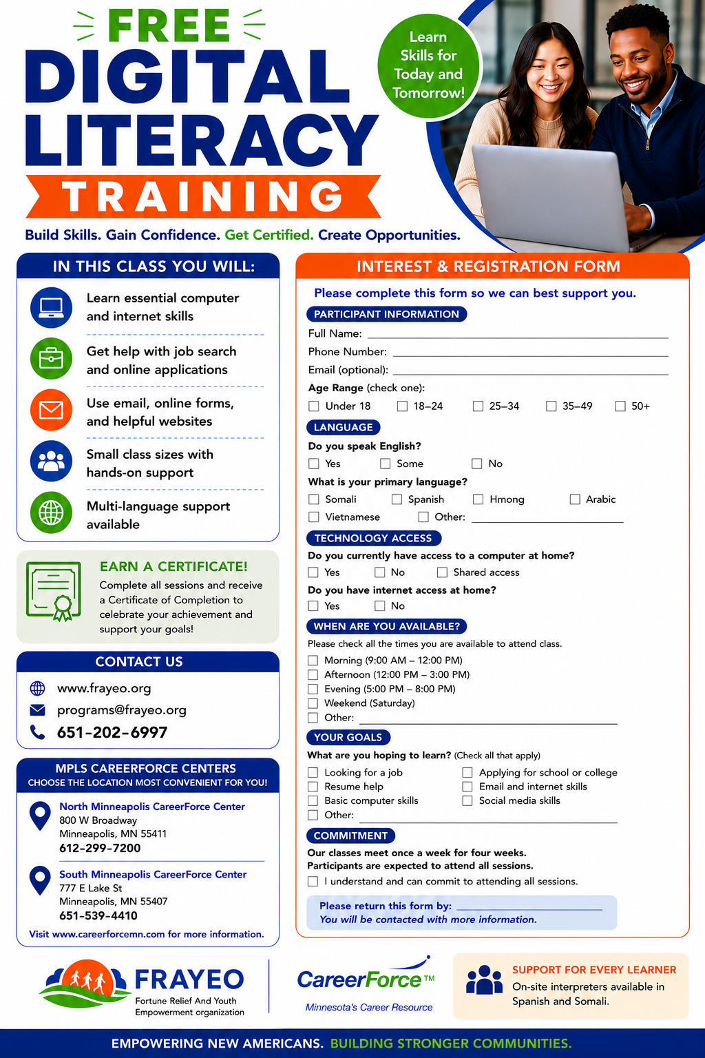 Free Digital Literacy Training flyer with class topics, registration form, and Minneapolis CareerForce center locations