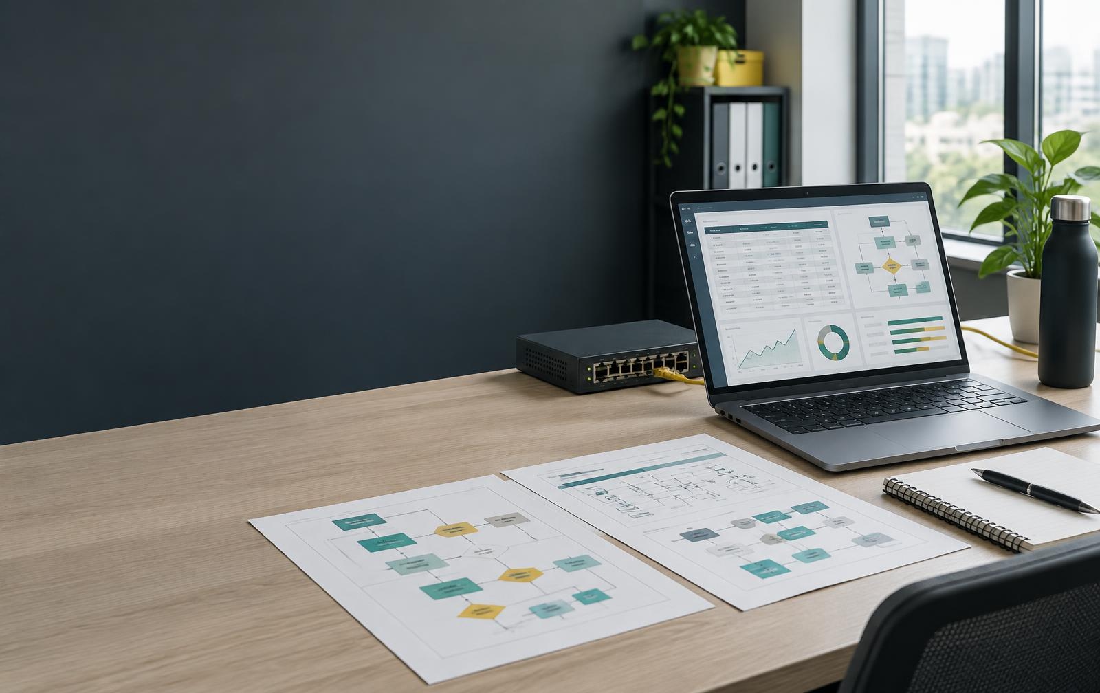 Information systems workspace with process maps, network equipment, and data dashboards